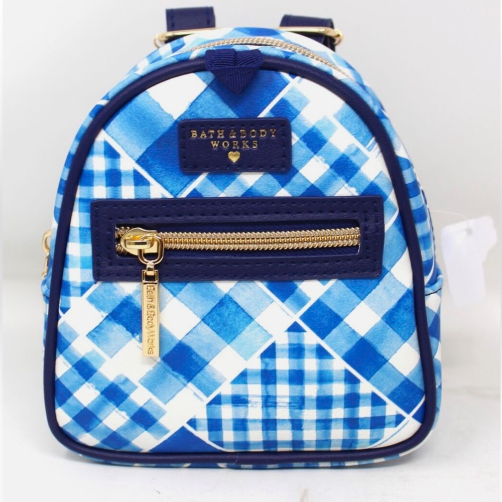 NEW: Bath & Body Works Blue Gingham Mini Backpack or Cosmetic Bag Gold 6" x 6"